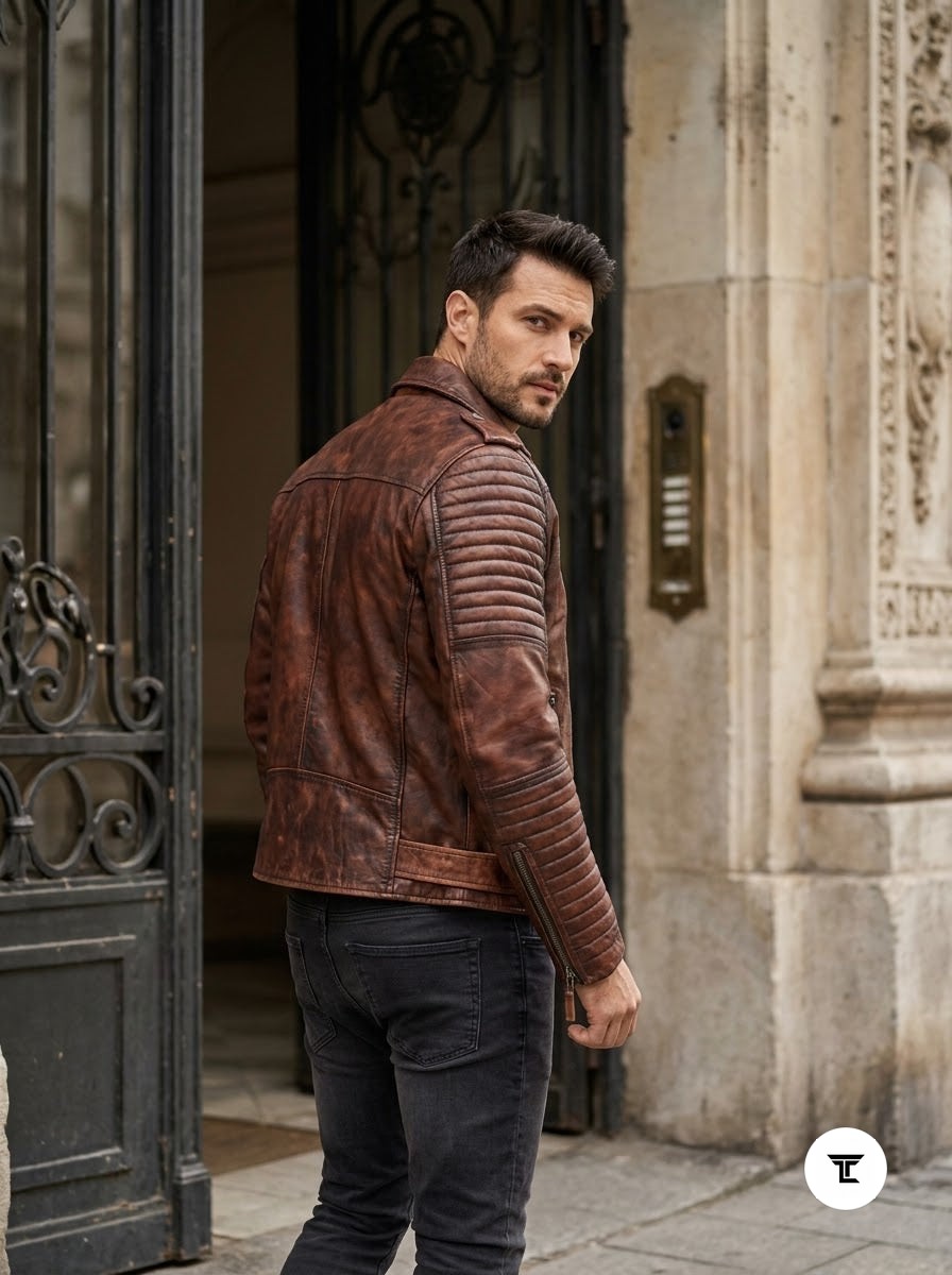 Taj Heritage Dakota Distressed Cognac Moto Leather Jacket