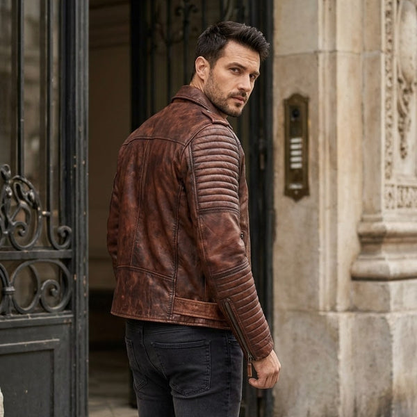 Taj Heritage Dakota Distressed Cognac Moto Leather Jacket Close-up 3