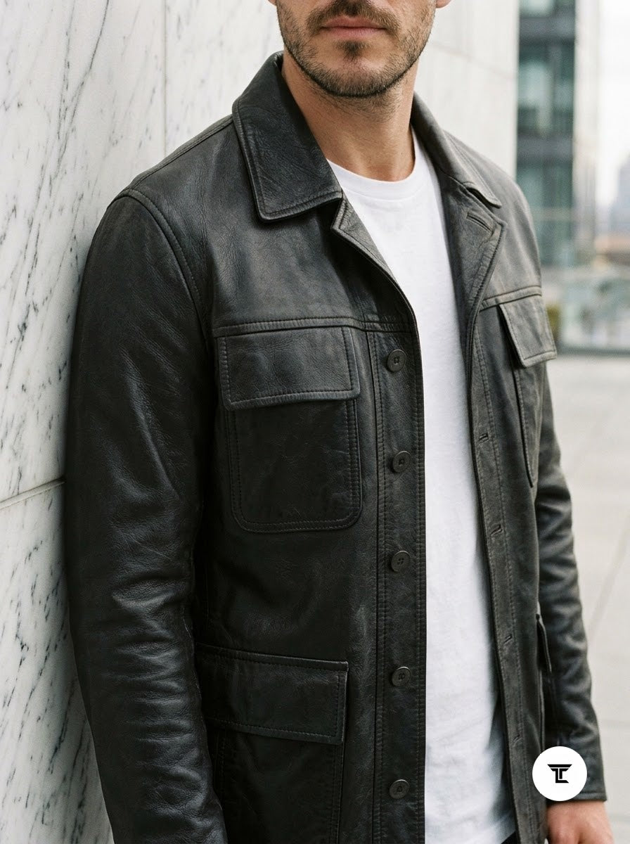 Taj Bespoke Washed Charcoal Nappa Leather Shirt Jacket