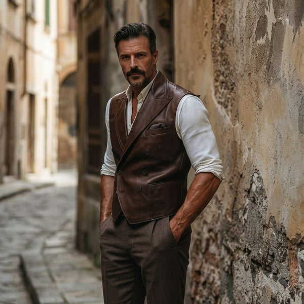 Taj Heritage Firenze Vintage Leather Waistcoat Close-up 2