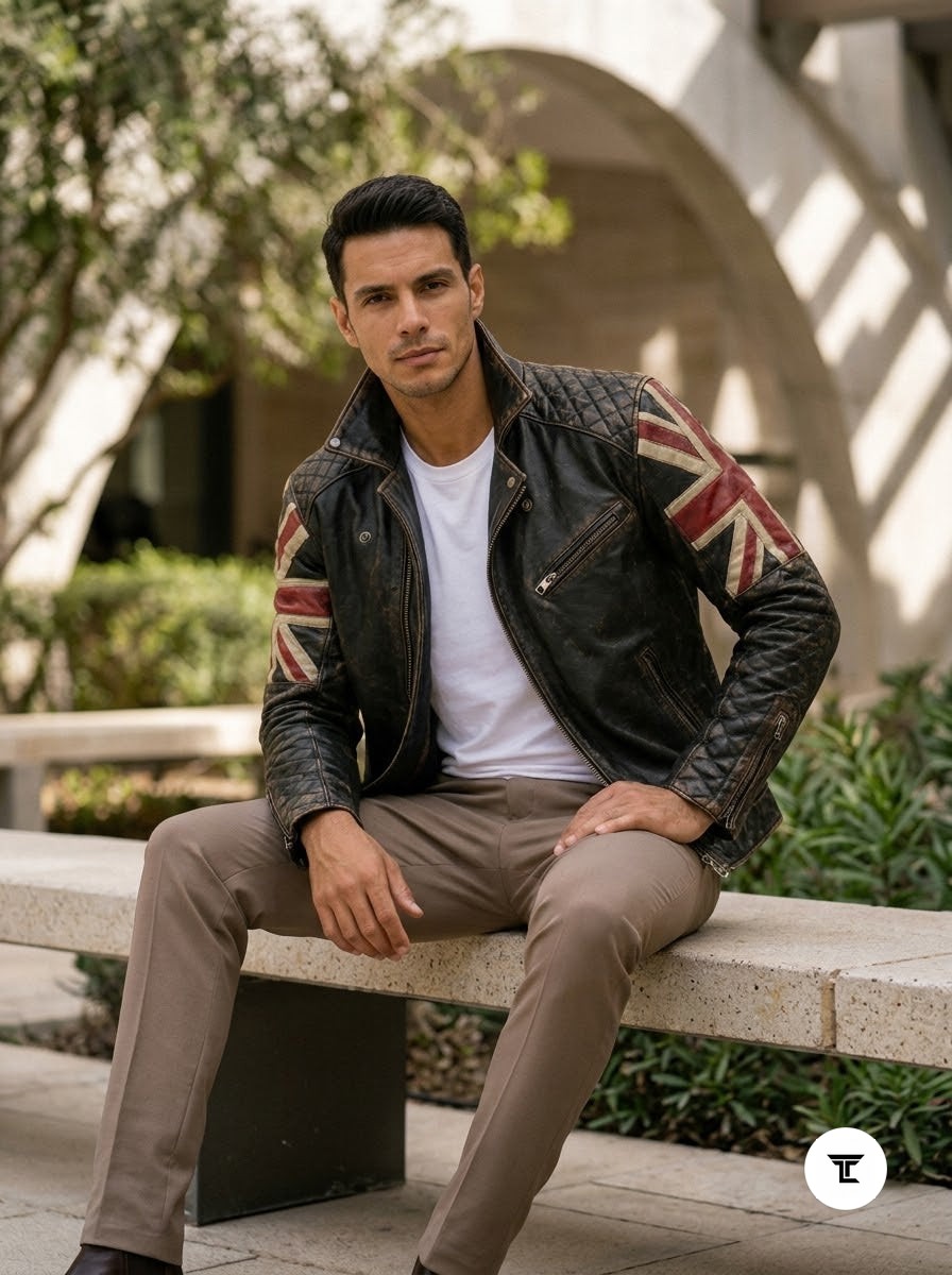 Taj Heritage Britannia Vintage Union Jack Leather Biker Jacket - View 1000166370