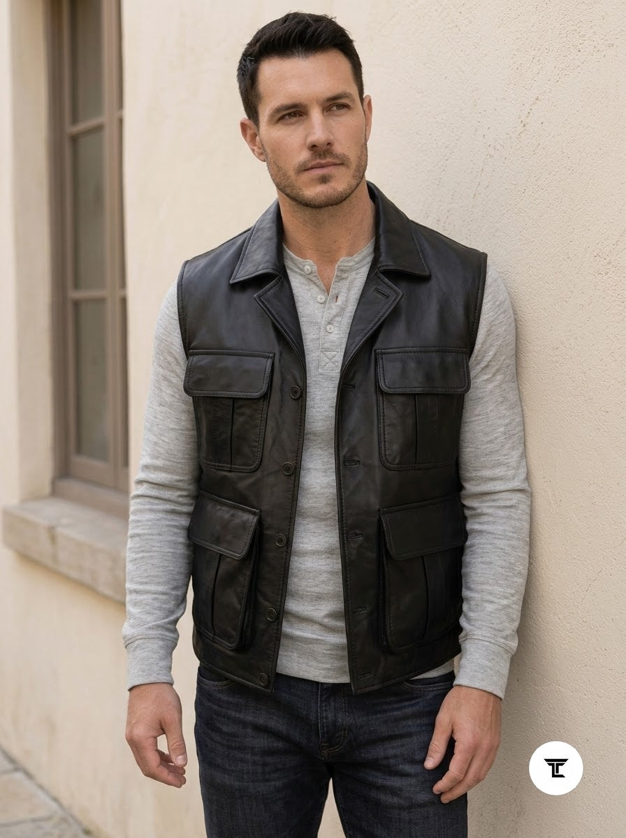 Taj Signature Tactical Black Leather Cargo Utility Vest