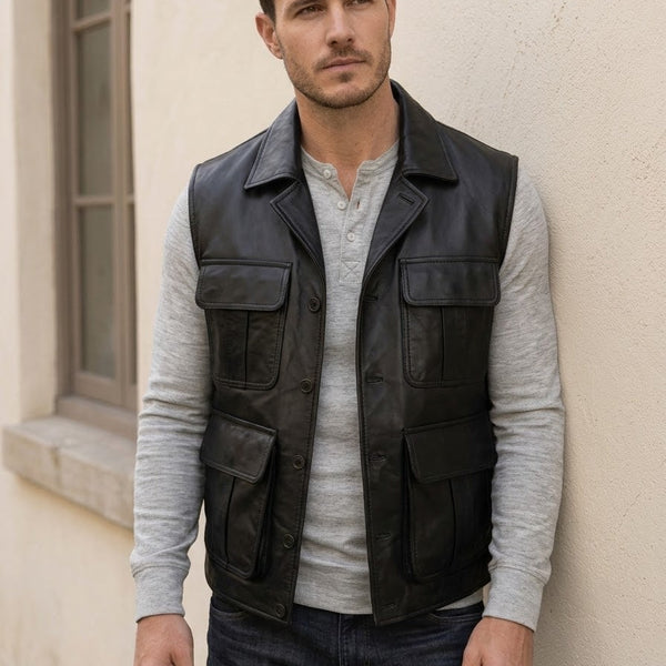 Taj Signature Tactical Black Leather Cargo Utility Vest Close-up 1
