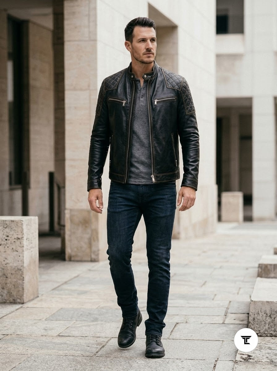 Taj Signature Stealth Diamond-Panel Black Biker Jacket