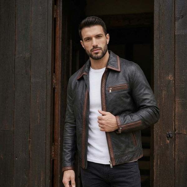 Taj Heritage Rustica Washed Cafe Racer Leather Jacket Close-up 3