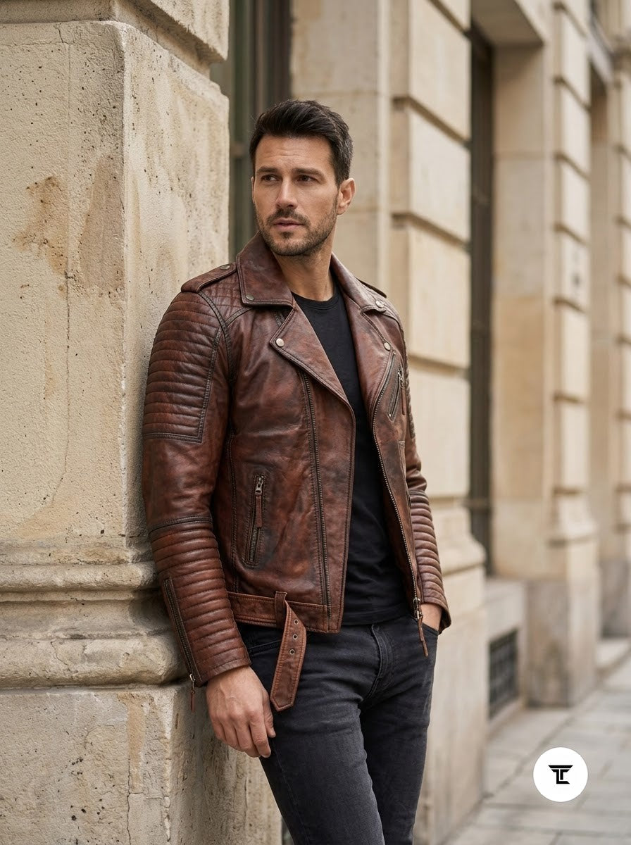 Taj Heritage Dakota Distressed Cognac Moto Leather Jacket