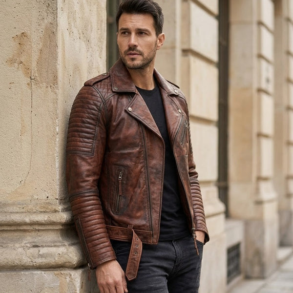 Taj Heritage Dakota Distressed Cognac Moto Leather Jacket Close-up 2