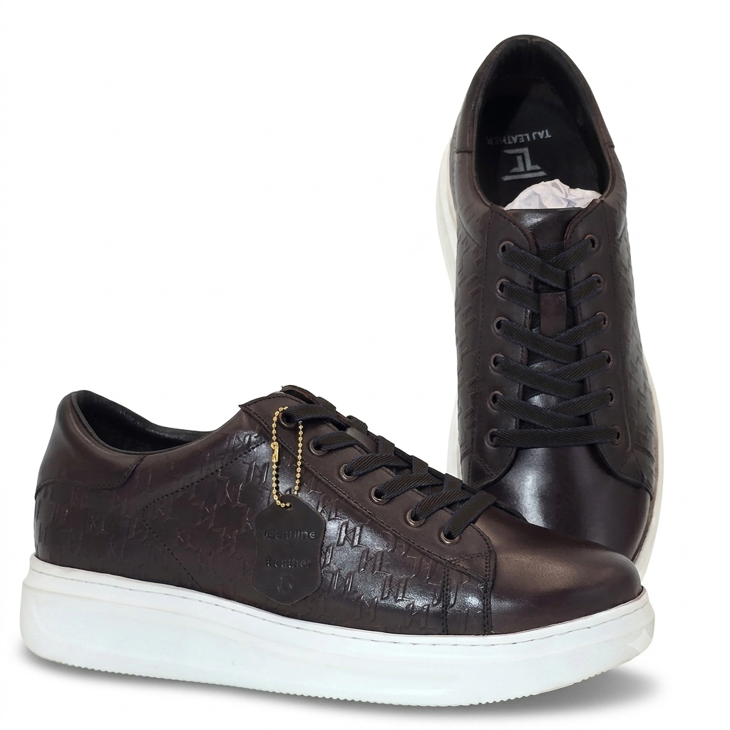 Men's Dark Brown Textured Low-Top Leather Sneakers