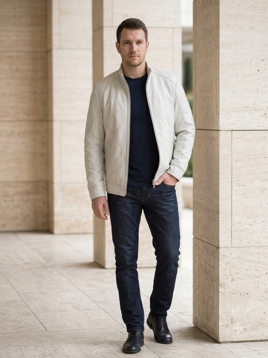 Taj Bespoke Cortina Off-White Cafe Racer Jacket