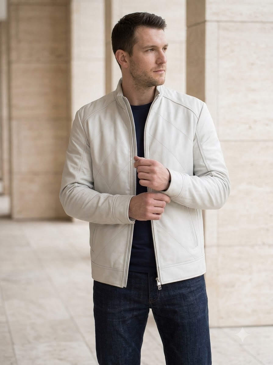 Taj Bespoke Cortina Off-White Cafe Racer Jacket