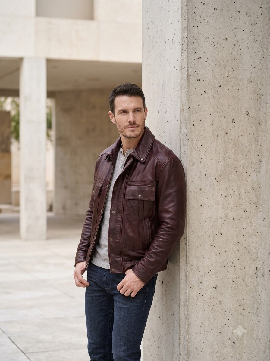 Taj Signature Bordeaux Burgundy Leather Jacket