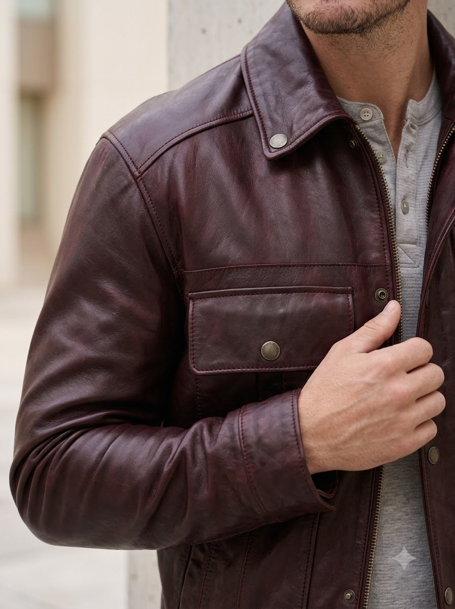 Taj Signature Bordeaux Burgundy Leather Jacket