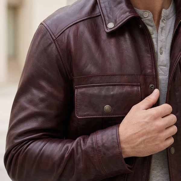 Taj Signature Bordeaux Burgundy Leather Jacket