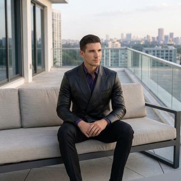 Taj Bespoke Penthouse Black Leather Tuxedo Blazer