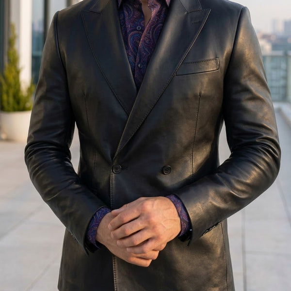 Taj Bespoke Penthouse Black Leather Tuxedo Blazer
