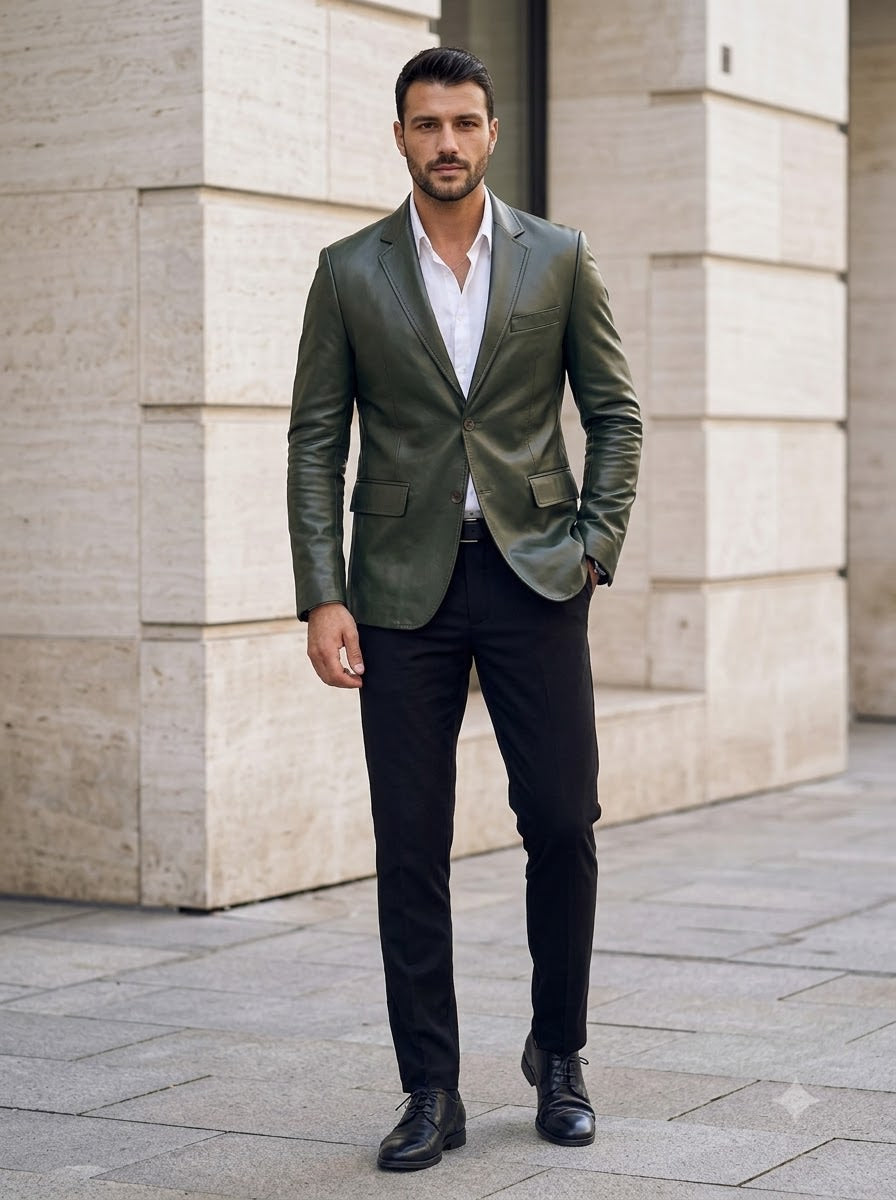 Taj Bespoke Olive Green Leather Blazer