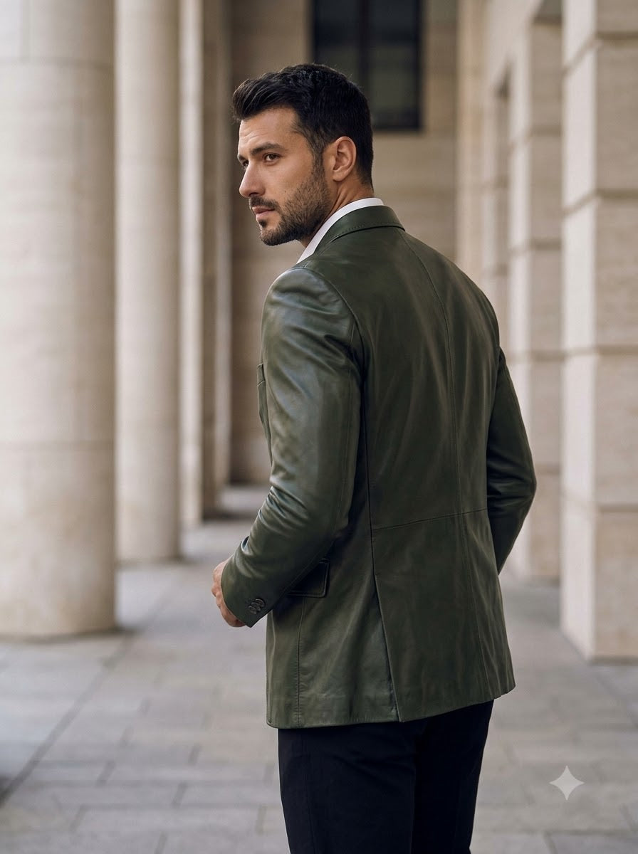Taj Bespoke Olive Green Leather Blazer
