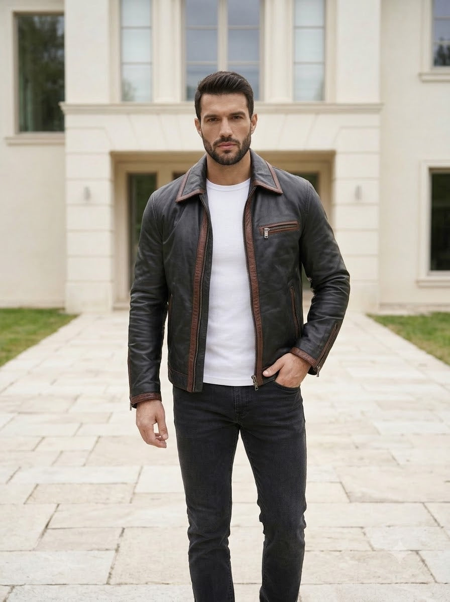 Taj Heritage Rustica Washed Cafe Racer Leather Jacket
