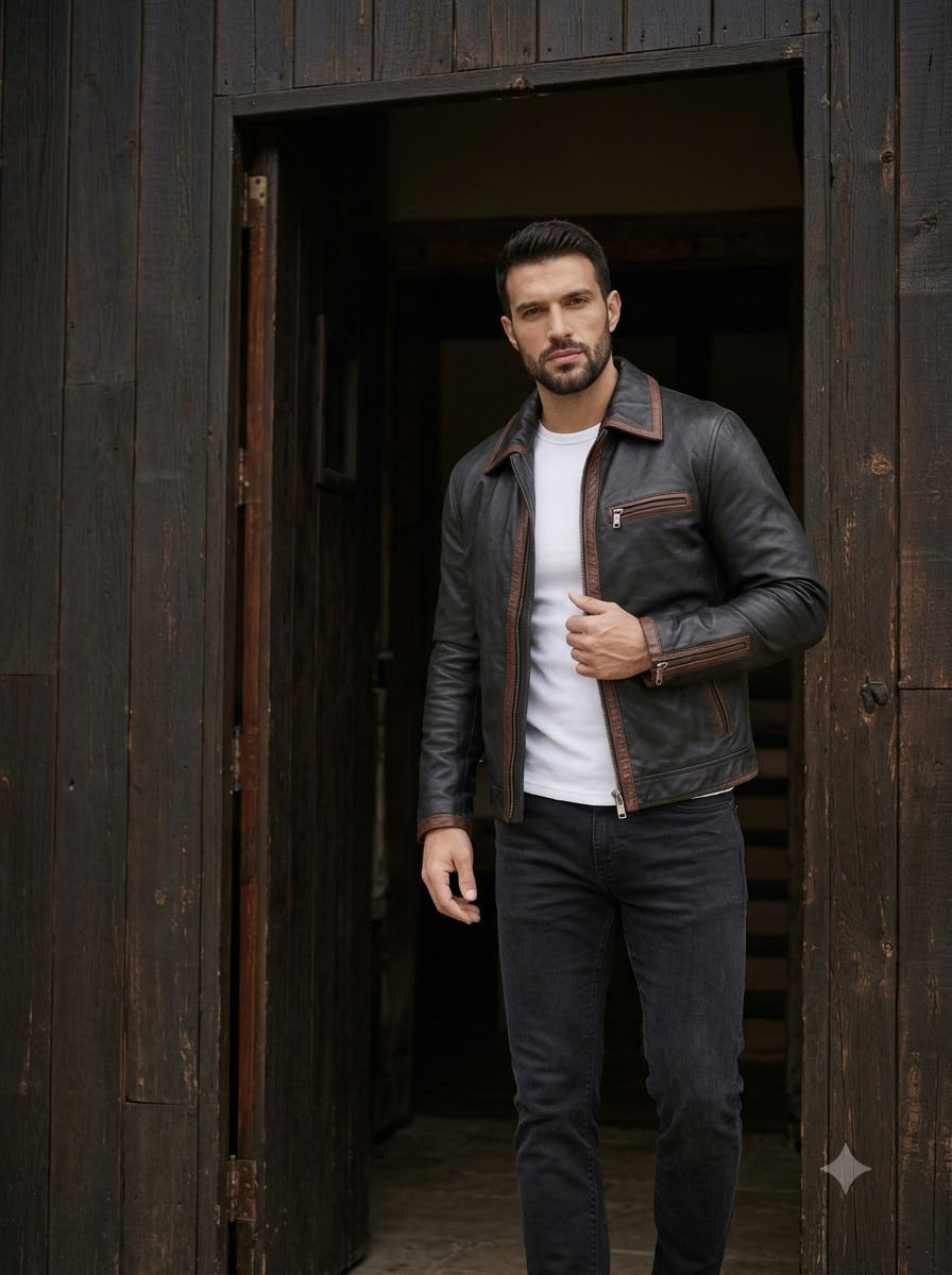 Taj Heritage Rustica Washed Cafe Racer Leather Jacket