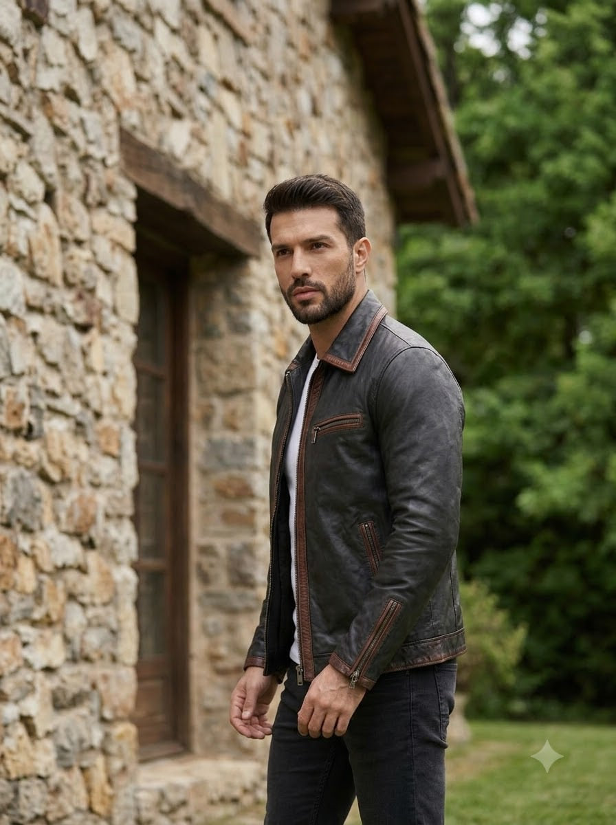 Taj Heritage Rustica Washed Cafe Racer Leather Jacket