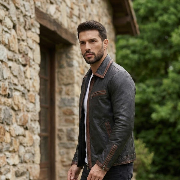 Taj Heritage Rustica Washed Cafe Racer Leather Jacket