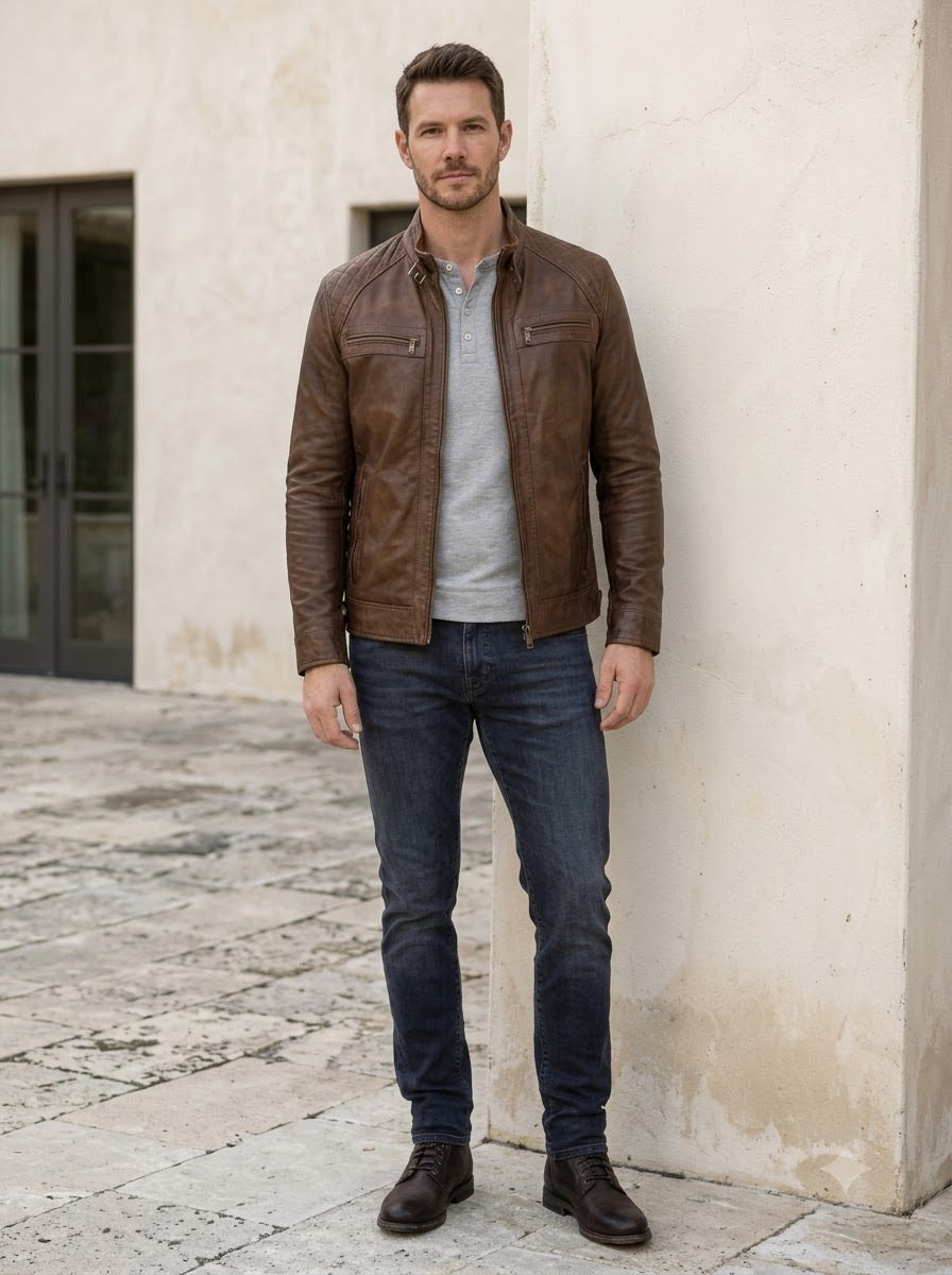 Taj Heritage Cognac Twin-Zip Cafe Racer Leather Jacket