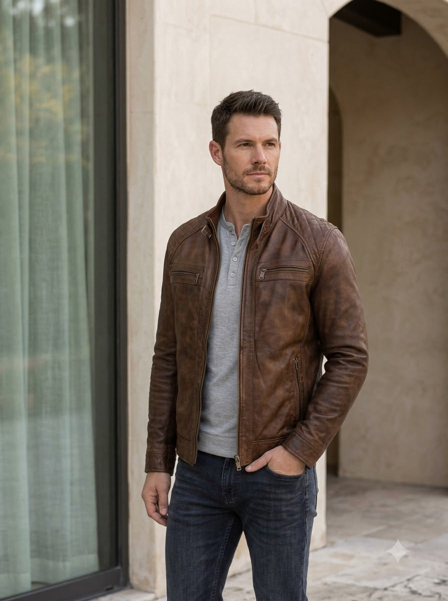 Taj Heritage Cognac Twin-Zip Cafe Racer Leather Jacket