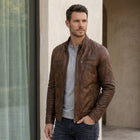 Taj Heritage Cognac Twin-Zip Cafe Racer Leather Jacket