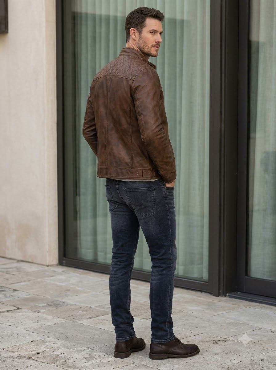 Taj Heritage Cognac Twin-Zip Cafe Racer Leather Jacket