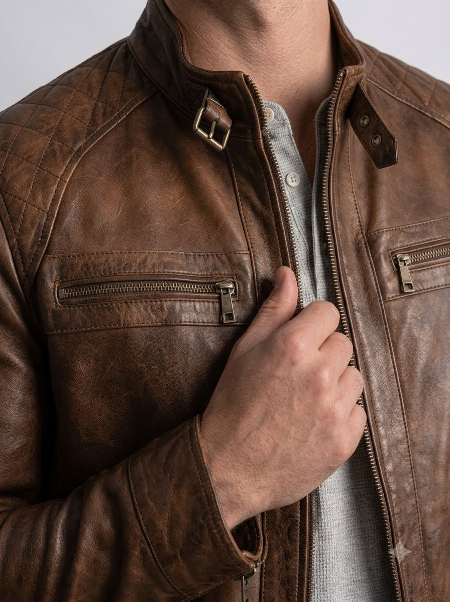 Taj Heritage Cognac Twin-Zip Cafe Racer Leather Jacket