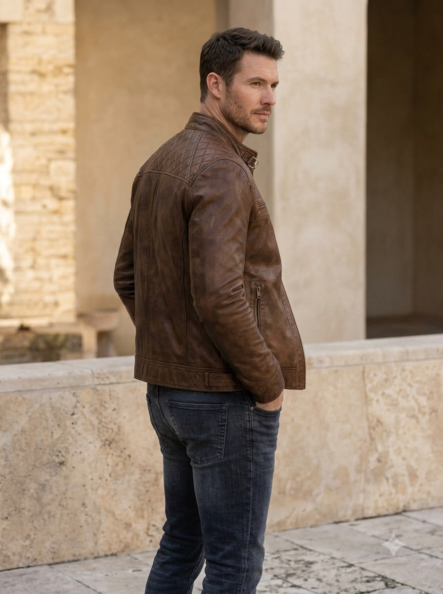 Taj Heritage Cognac Twin-Zip Cafe Racer Leather Jacket