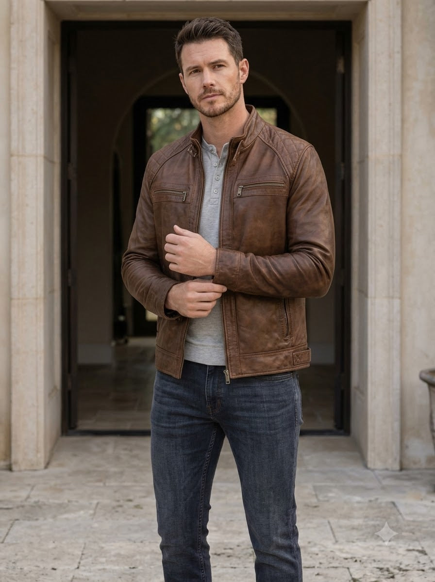 Taj Heritage Cognac Twin-Zip Cafe Racer Leather Jacket