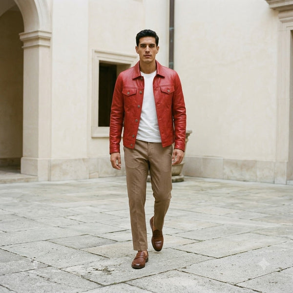 Taj Signature Crimson Red Leather Harrington Jacket