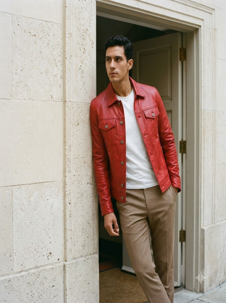 Taj Signature Crimson Red Leather Harrington Jacket