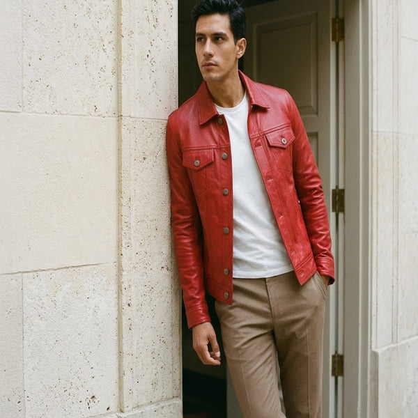 Taj Signature Crimson Red Leather Harrington Jacket