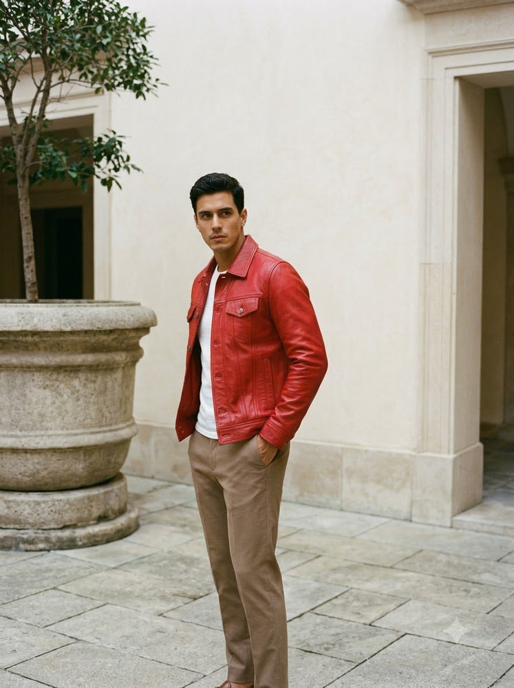 Taj Signature Crimson Red Leather Harrington Jacket