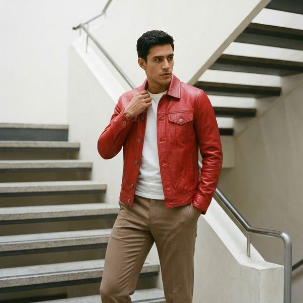 Taj Signature Crimson Red Leather Harrington Jacket