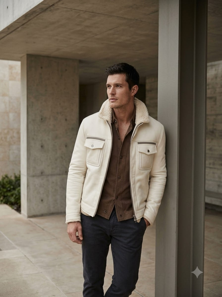 Taj Bespoke St. Moritz Ivory Shearling Leather Overshirt