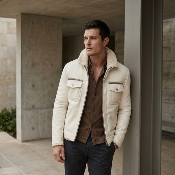 Taj Bespoke St. Moritz Ivory Shearling Leather Overshirt