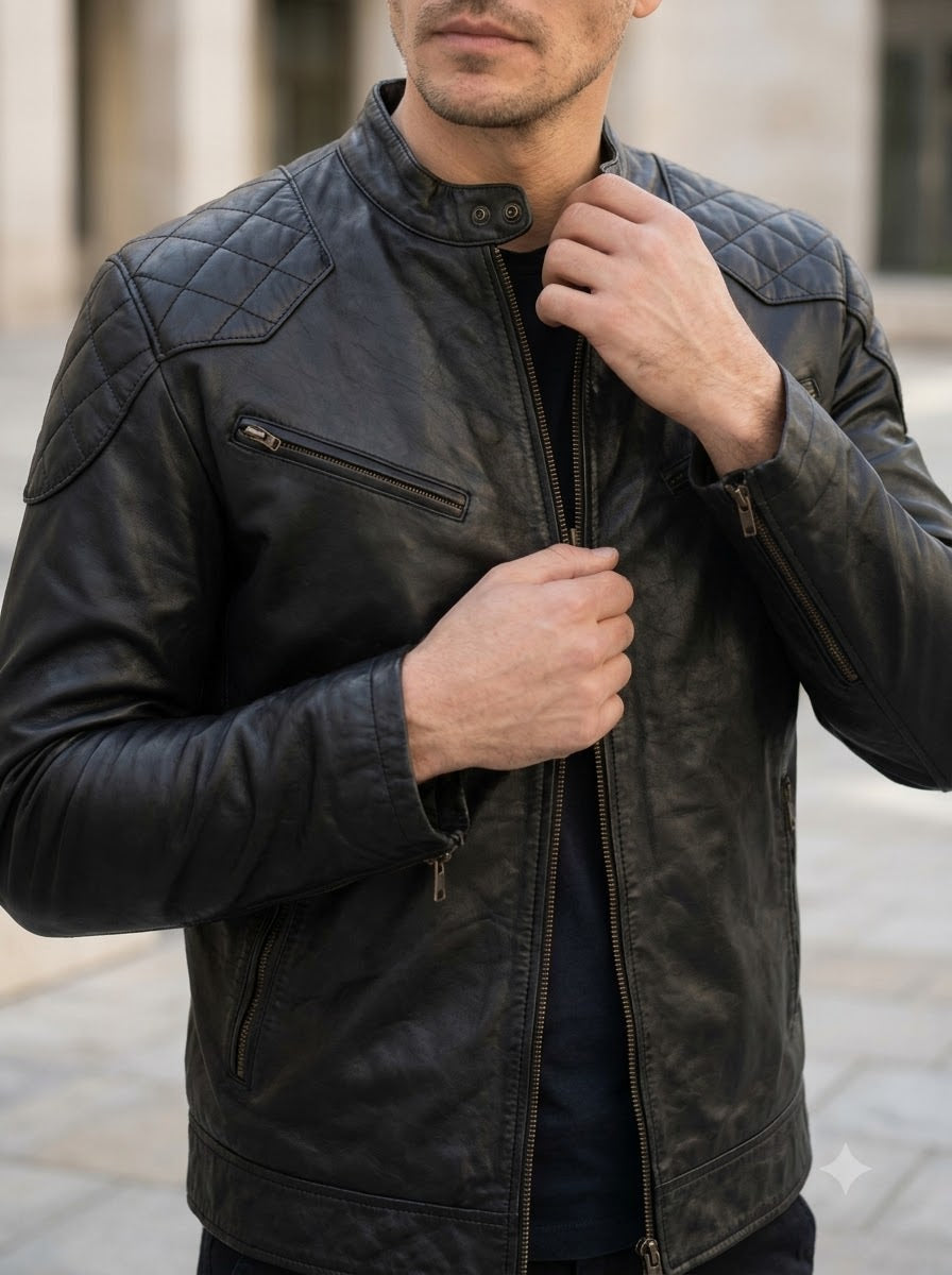 Taj Signature Shadow Quilted Biker Leather Jacket