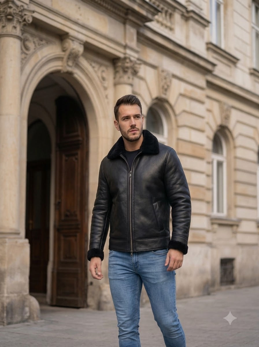 Taj Signature Aviator Black Shearling Leather Jacket
