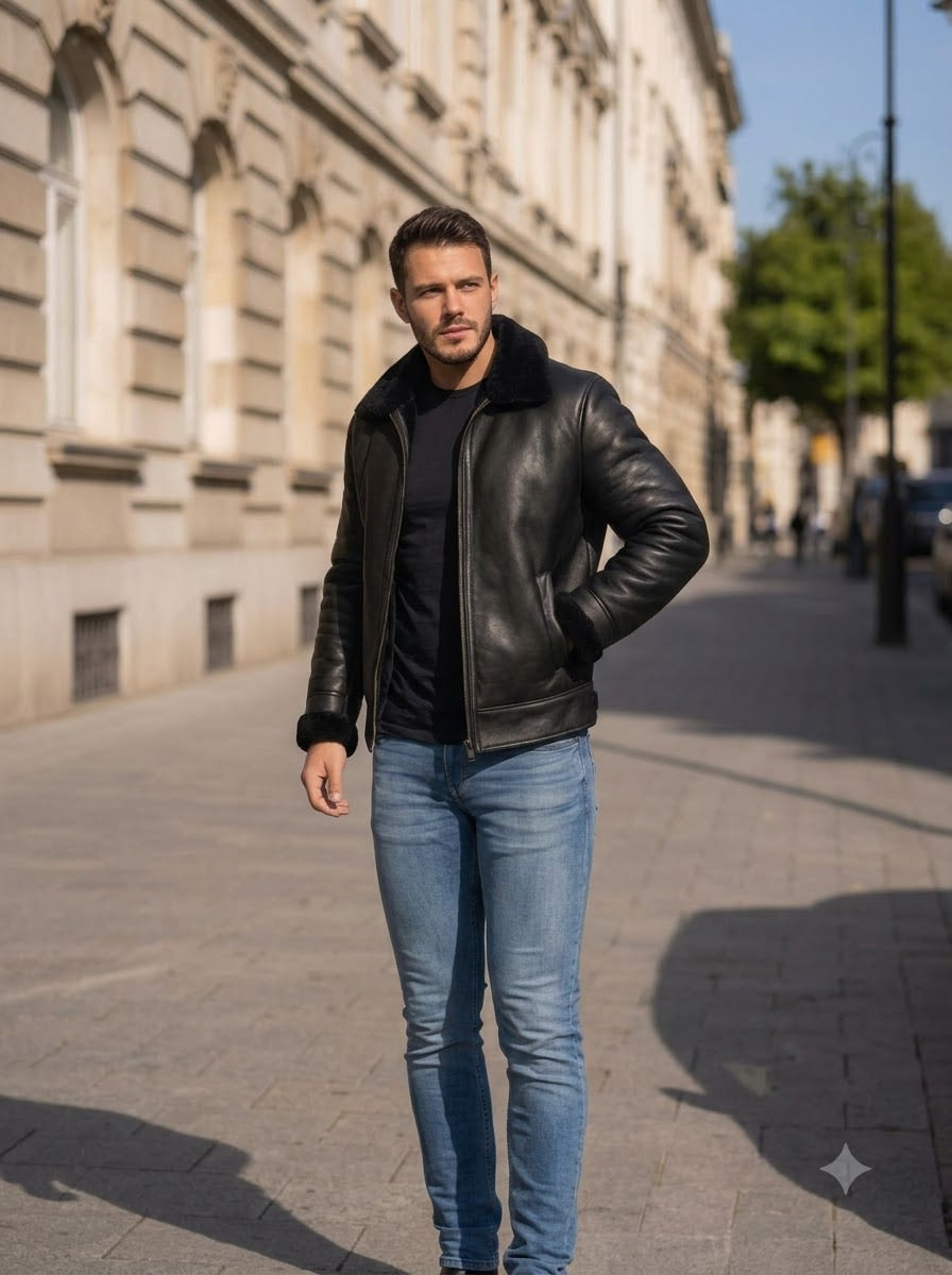 Taj Signature Aviator Black Shearling Leather Jacket