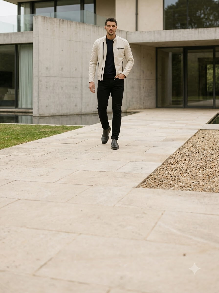 Taj Bespoke Cortina Off-White Cafe Racer Jacket