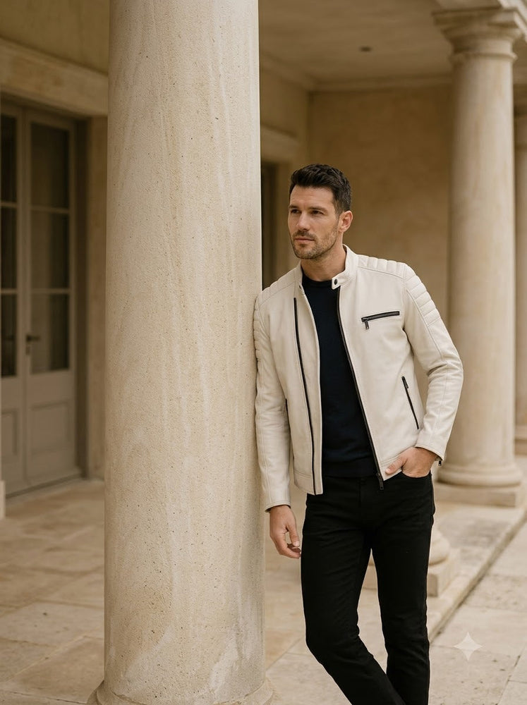 Taj Bespoke Cortina Off-White Cafe Racer Jacket