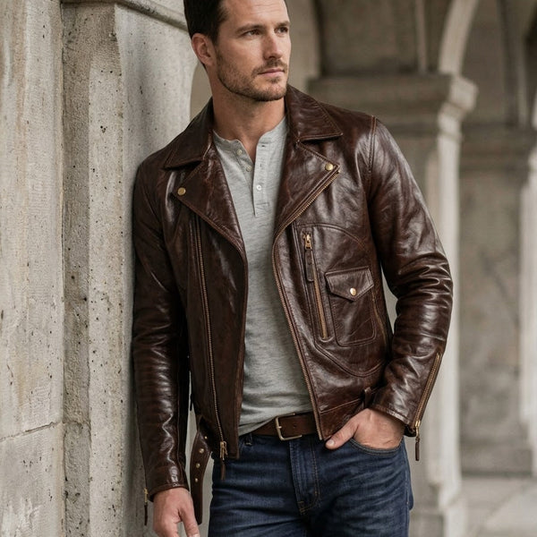 Taj Heritage Maverick Cognac Double-Rider Biker Jacket