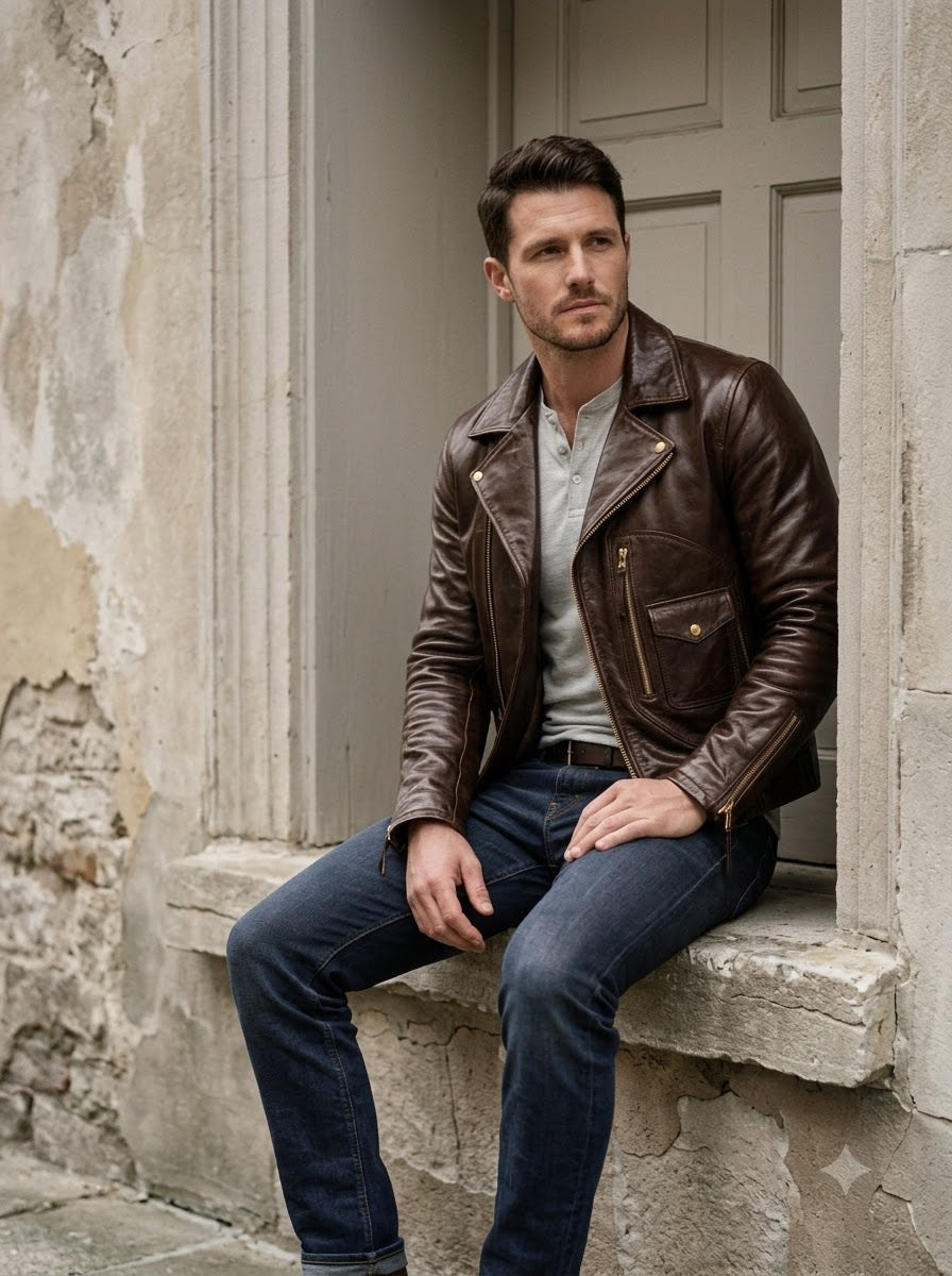 Taj Heritage Maverick Cognac Double-Rider Biker Jacket