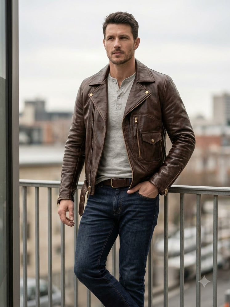 Taj Heritage Maverick Cognac Double-Rider Biker Jacket