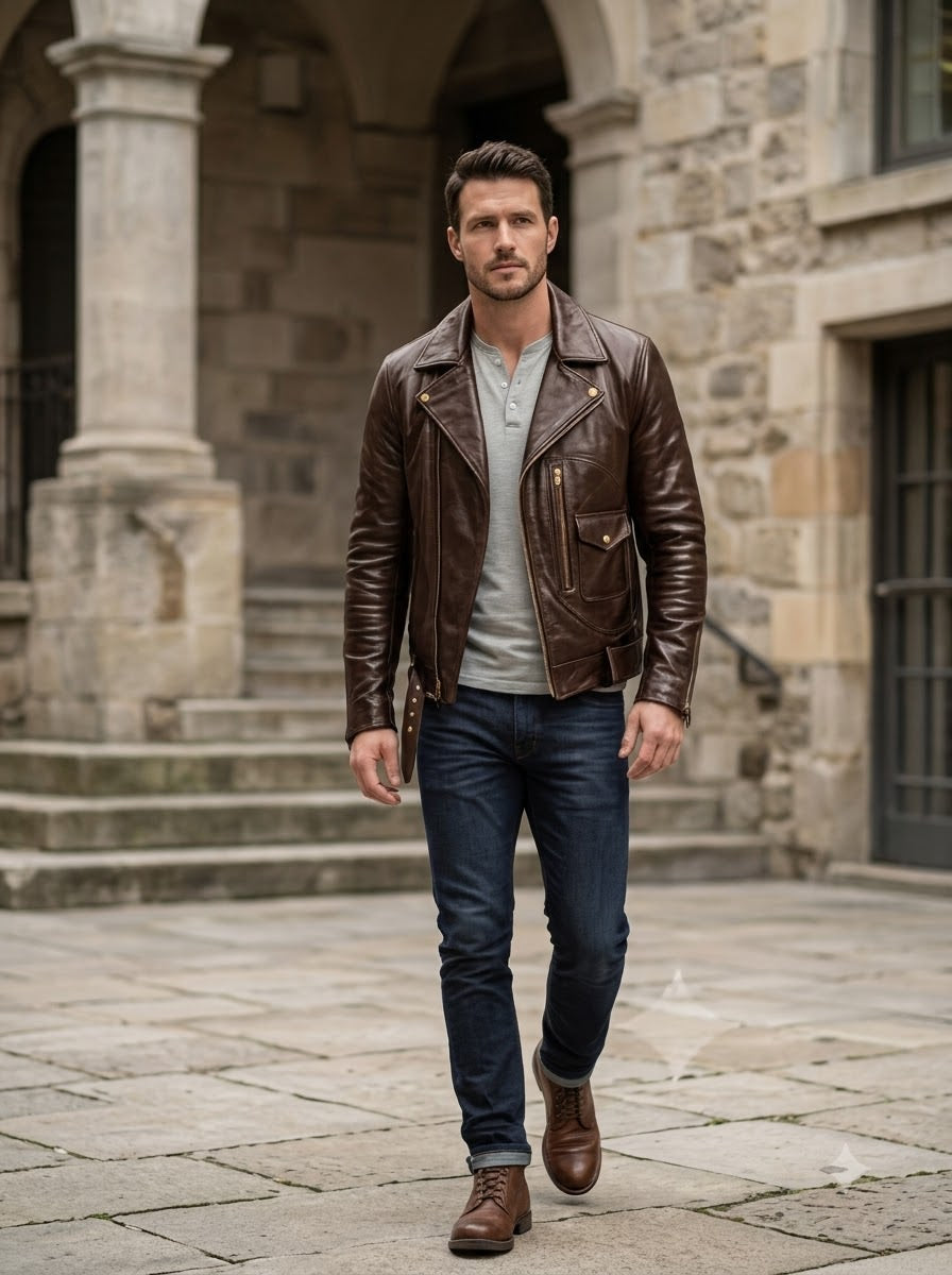 Taj Heritage Maverick Cognac Double-Rider Biker Jacket
