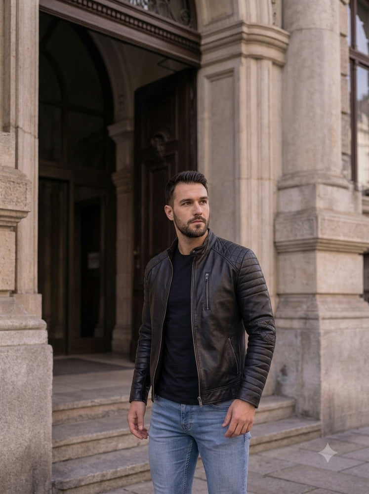 Taj Signature Modena Ribbed Biker Leather Jacket