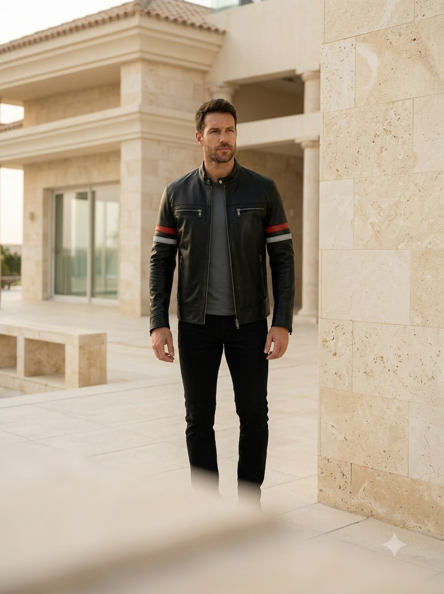 Taj Signature Monaco Striped Racing Leather Jacket
